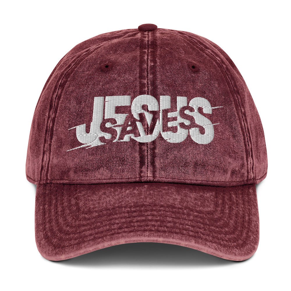 Jesus Saves Glitched Typography Flat Embroidered Vintage Cotton Twill Cap - Inken Image