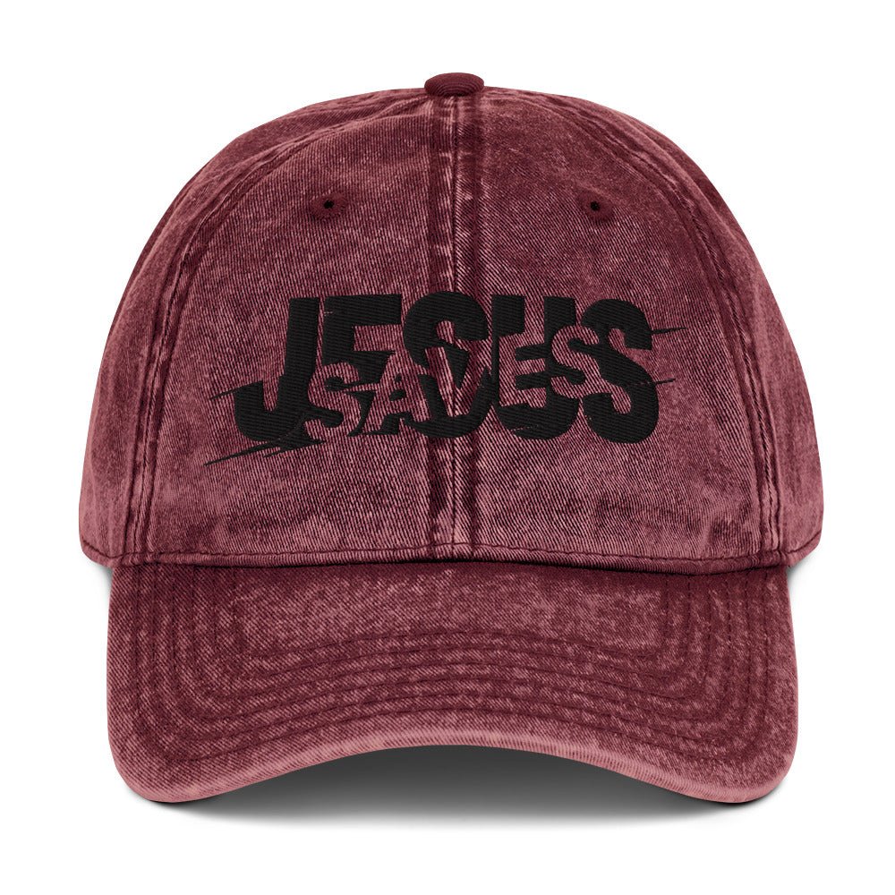 Jesus Saves Glitched Typography Flat Embroidered Vintage Cotton Twill Cap - Inken Image