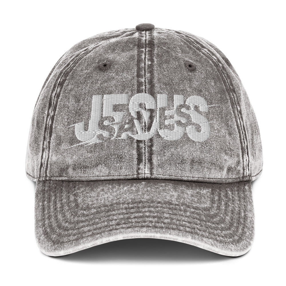 Jesus Saves Glitched Typography Flat Embroidered Vintage Cotton Twill Cap - Inken Image