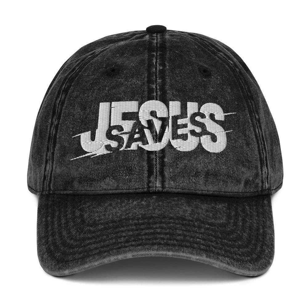 Jesus Saves Glitched Typography Flat Embroidered Vintage Cotton Twill Cap - Inken Image