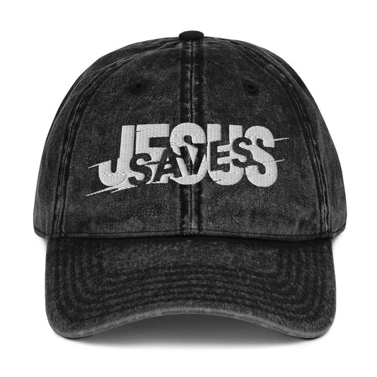 Jesus Saves Glitched Typography Flat Embroidered Vintage Cotton Twill Cap - Inken Image