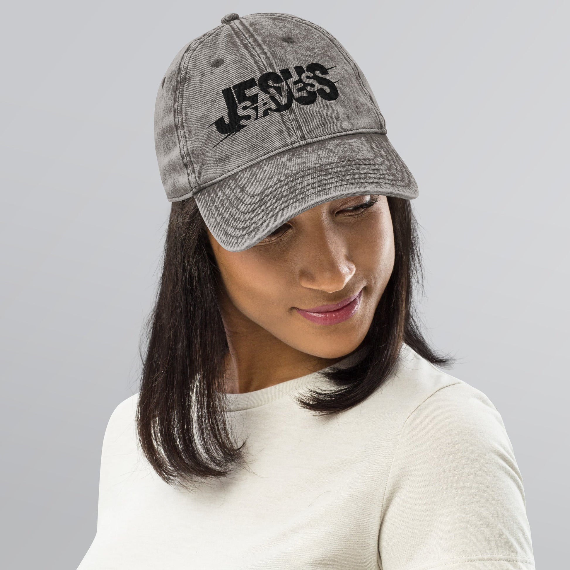 Jesus Saves Glitched Typography Flat Embroidered Vintage Cotton Twill Cap - Inken Image