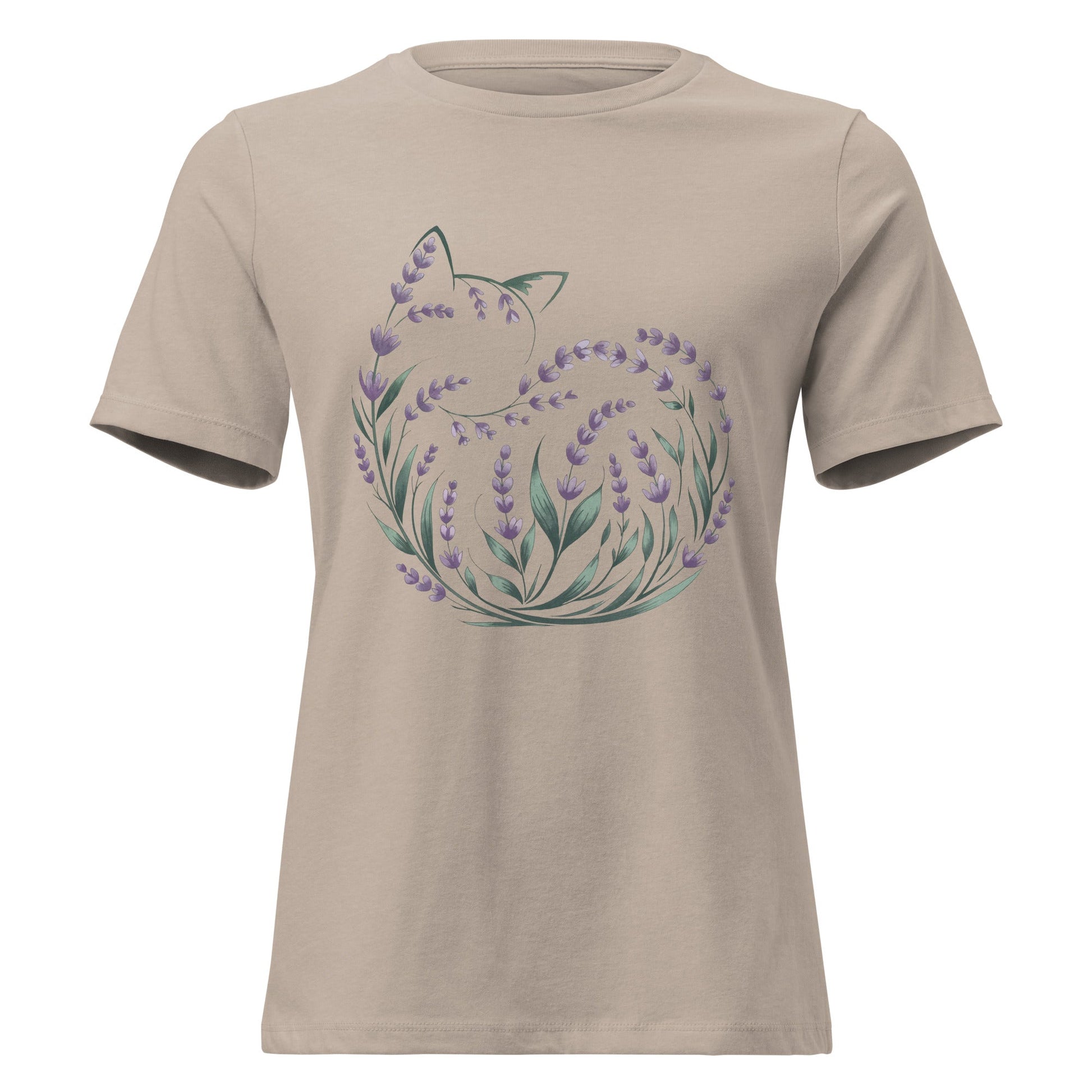 Lavender Curled Up Cat Silhouette Botanical T-Shirt - Inken Image