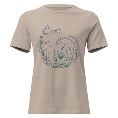 Lavender Curled Up Cat Silhouette Botanical T-Shirt - Inken Image
