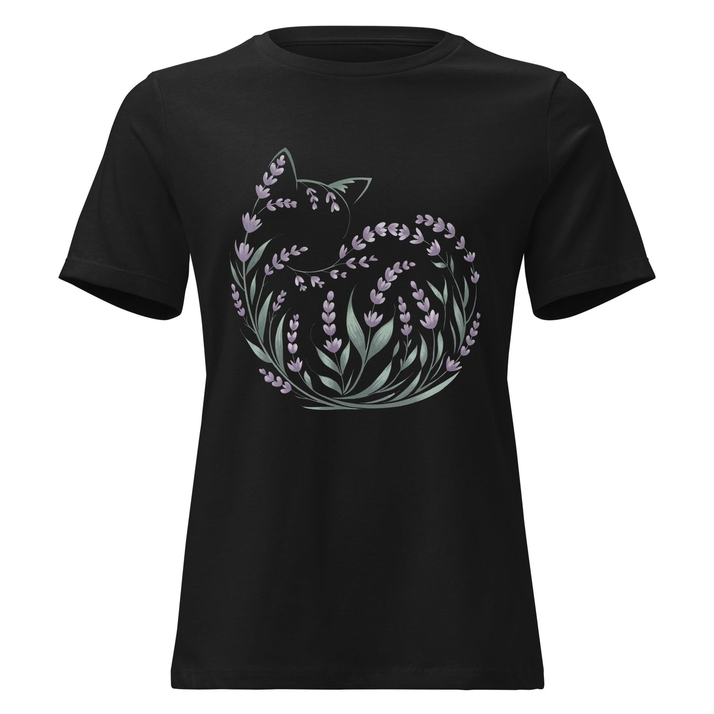 Lavender Curled Up Cat Silhouette Botanical T-Shirt - Inken Image