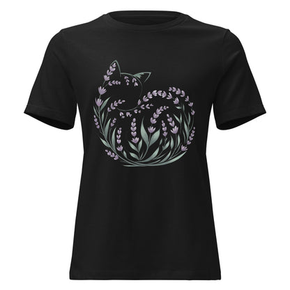 Lavender Curled Up Cat Silhouette Botanical T-Shirt - Inken Image