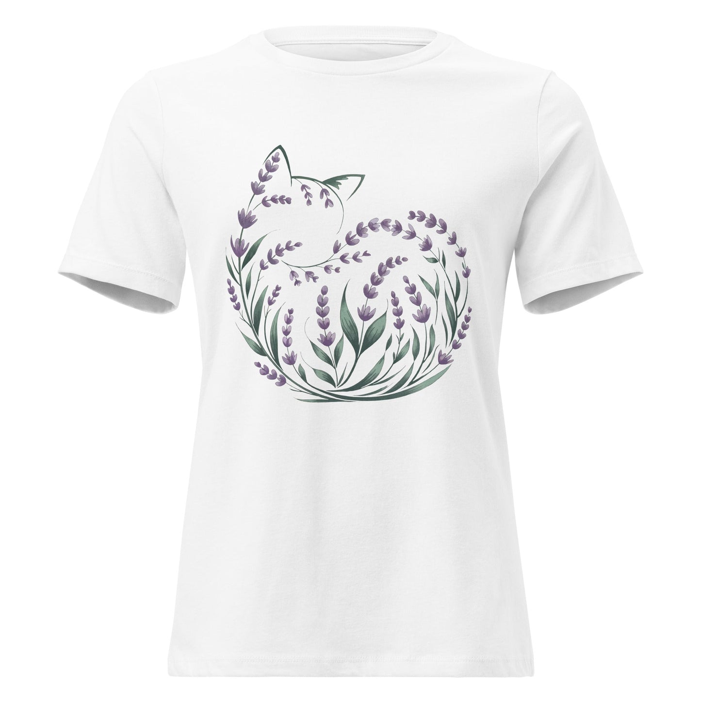 Lavender Curled Up Cat Silhouette Botanical T-Shirt - Inken Image