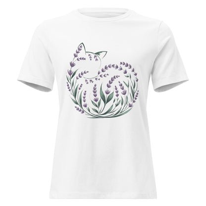 Lavender Curled Up Cat Silhouette Botanical T-Shirt - Inken Image