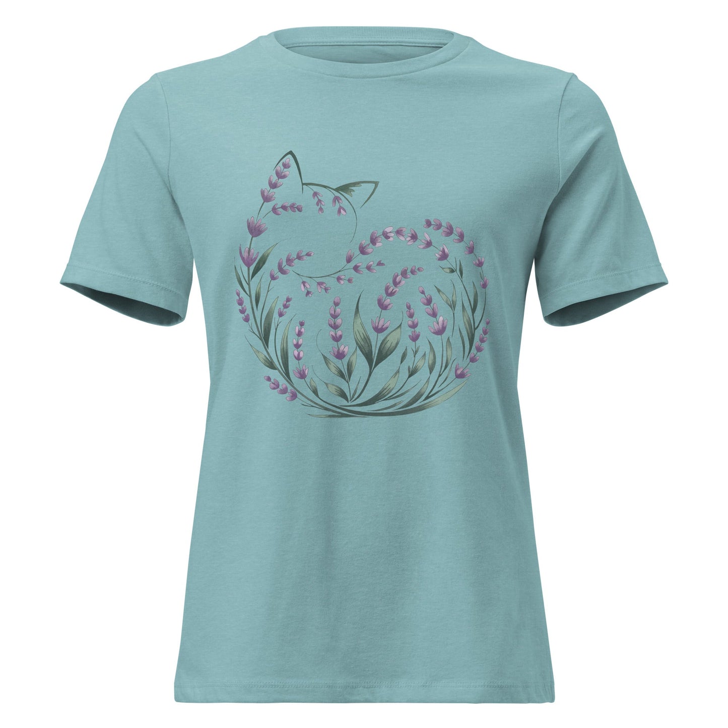 Lavender Curled Up Cat Silhouette Botanical T-Shirt - Inken Image