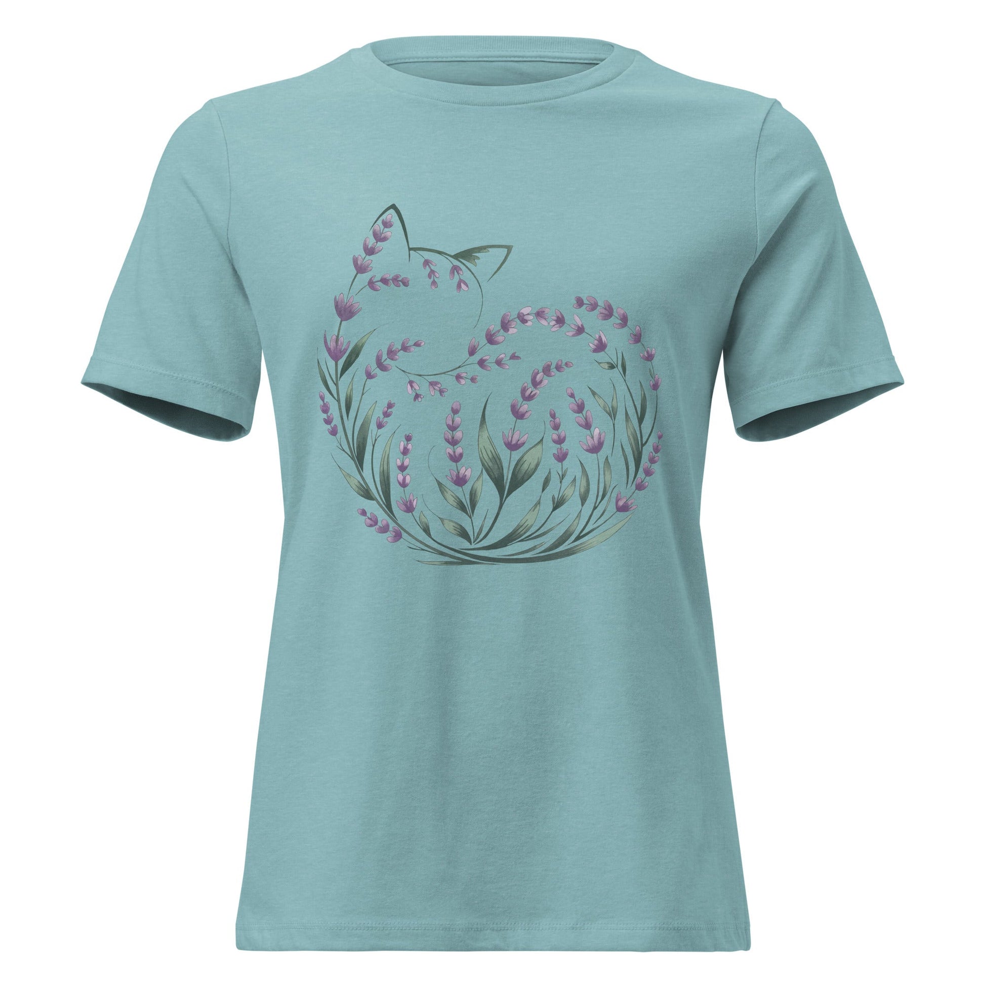 Lavender Curled Up Cat Silhouette Botanical T-Shirt - Inken Image