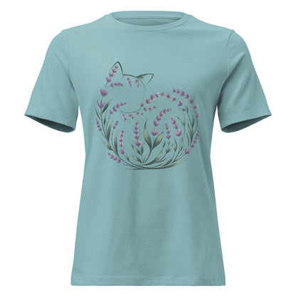 Lavender Curled Up Cat Silhouette Botanical T-Shirt - Inken Image