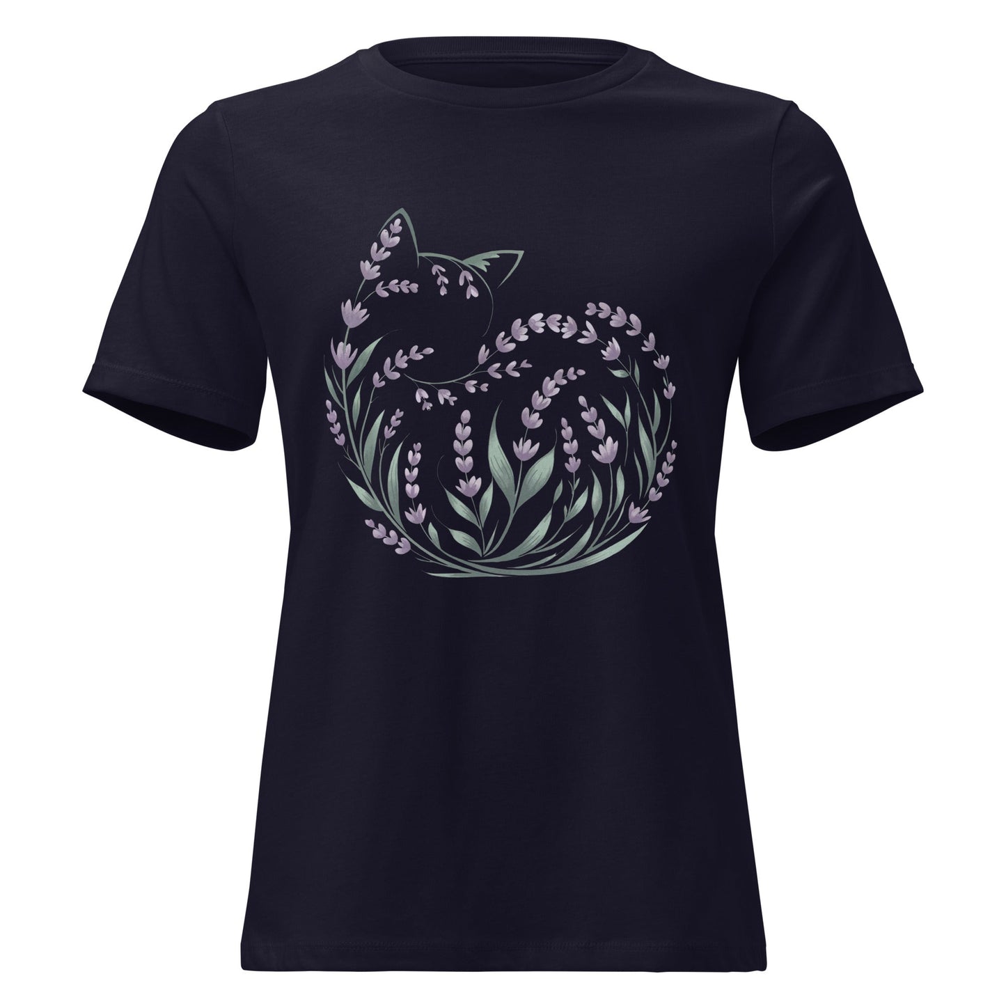Lavender Curled Up Cat Silhouette Botanical T-Shirt - Inken Image