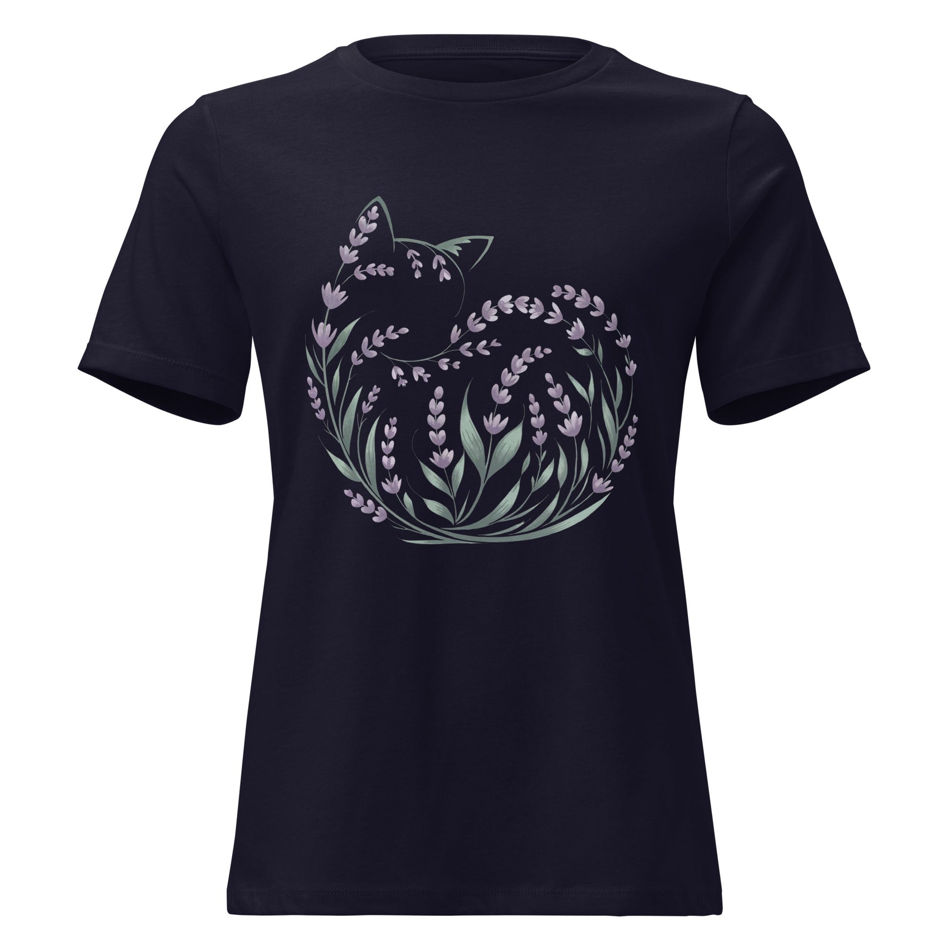 Lavender Curled Up Cat Silhouette Botanical T-Shirt - Inken Image