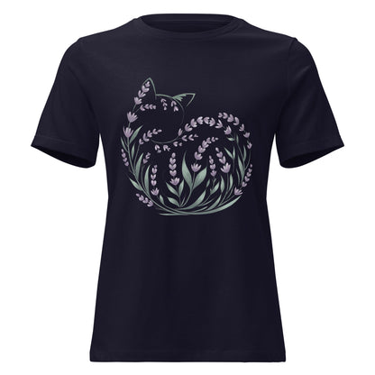 Lavender Curled Up Cat Silhouette Botanical T-Shirt - Inken Image