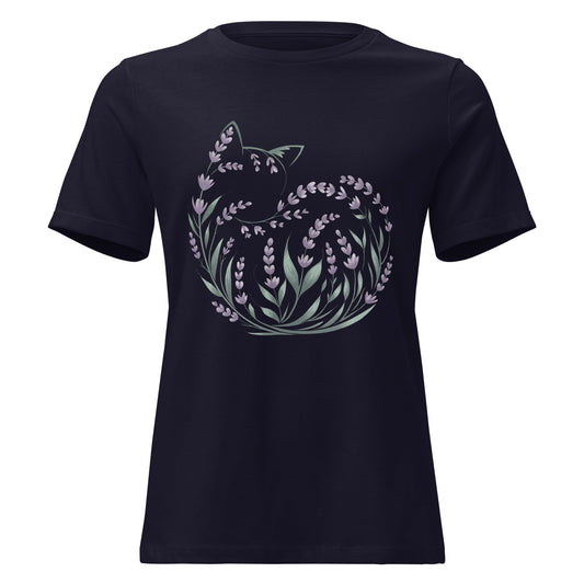 Lavender Curled Up Cat Silhouette Botanical T-Shirt - Inken Image