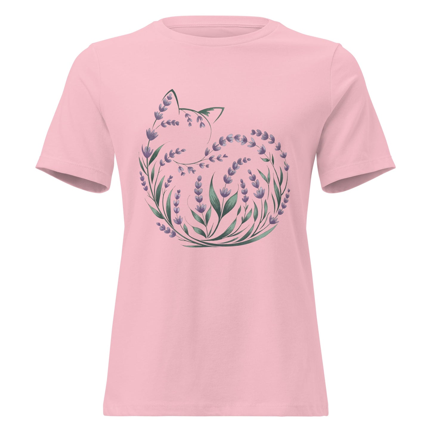 Lavender Curled Up Cat Silhouette Botanical T-Shirt - Inken Image