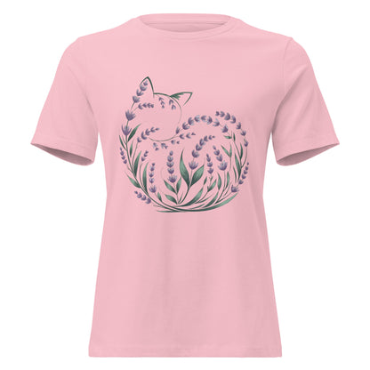 Lavender Curled Up Cat Silhouette Botanical T-Shirt - Inken Image