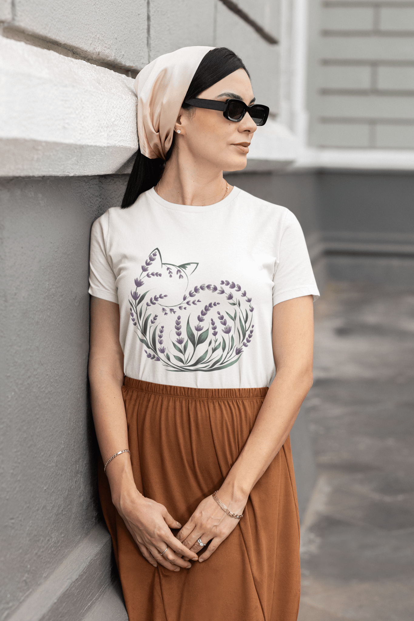 Lavender Curled Up Cat Silhouette Botanical T-Shirt - Inken Image
