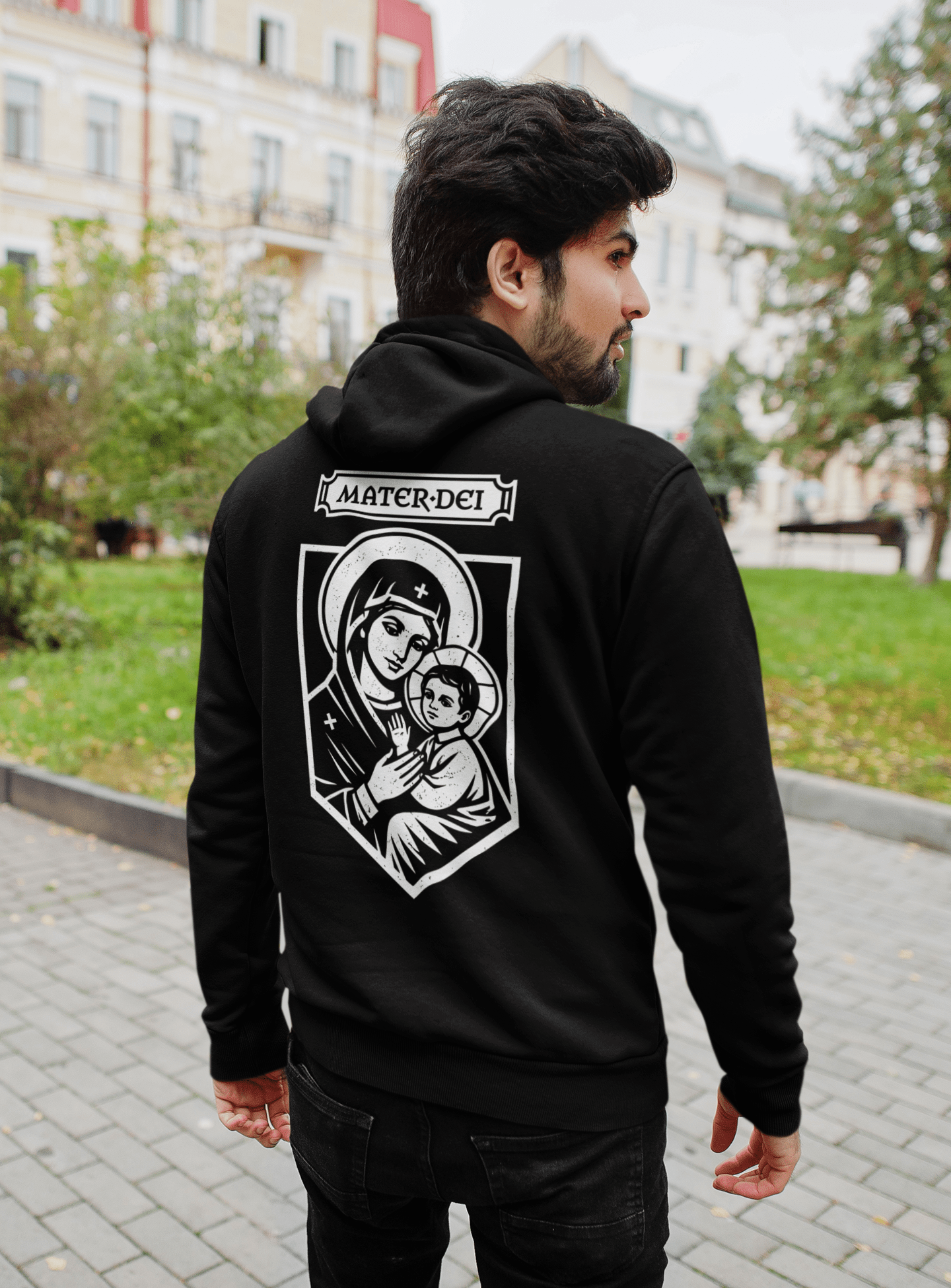 Mater Dei, Mother Mary and Baby Jesus Icon Graphic Hoodie - Inken Image