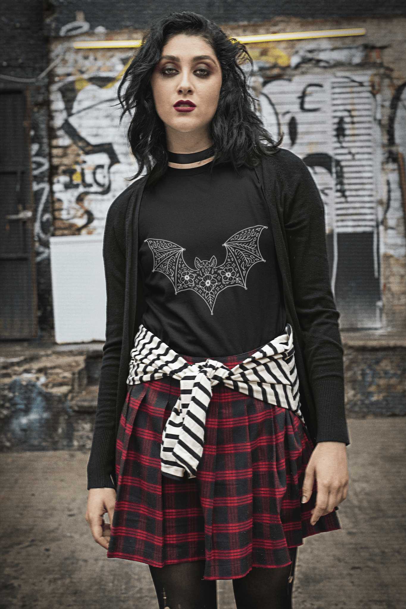Moonflower Flying Bat Lace Silhouette T-Shirt - Inken Image