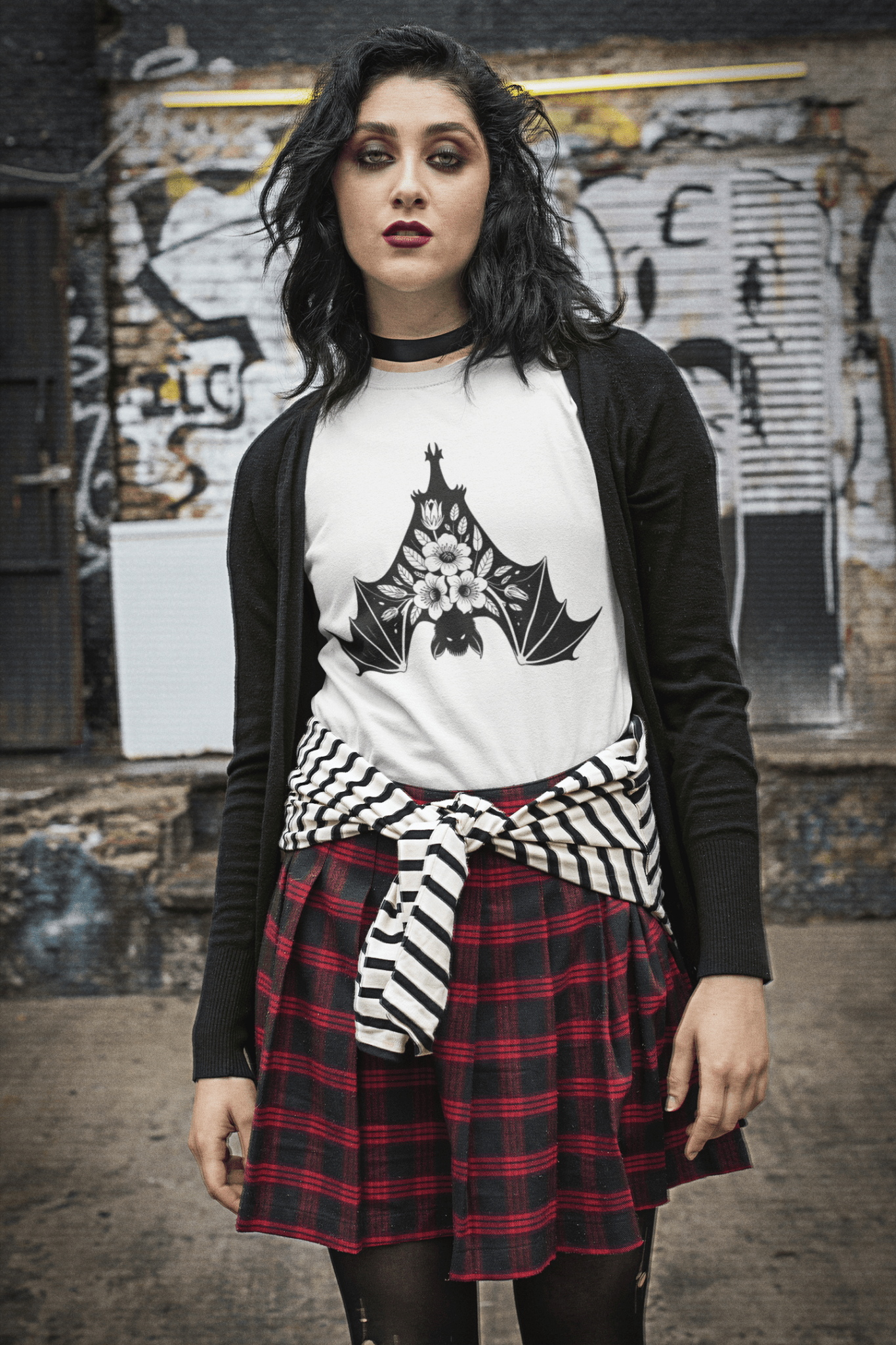 Moonflower Hanging Bat Gothic Botanical T-Shirt - Inken Image