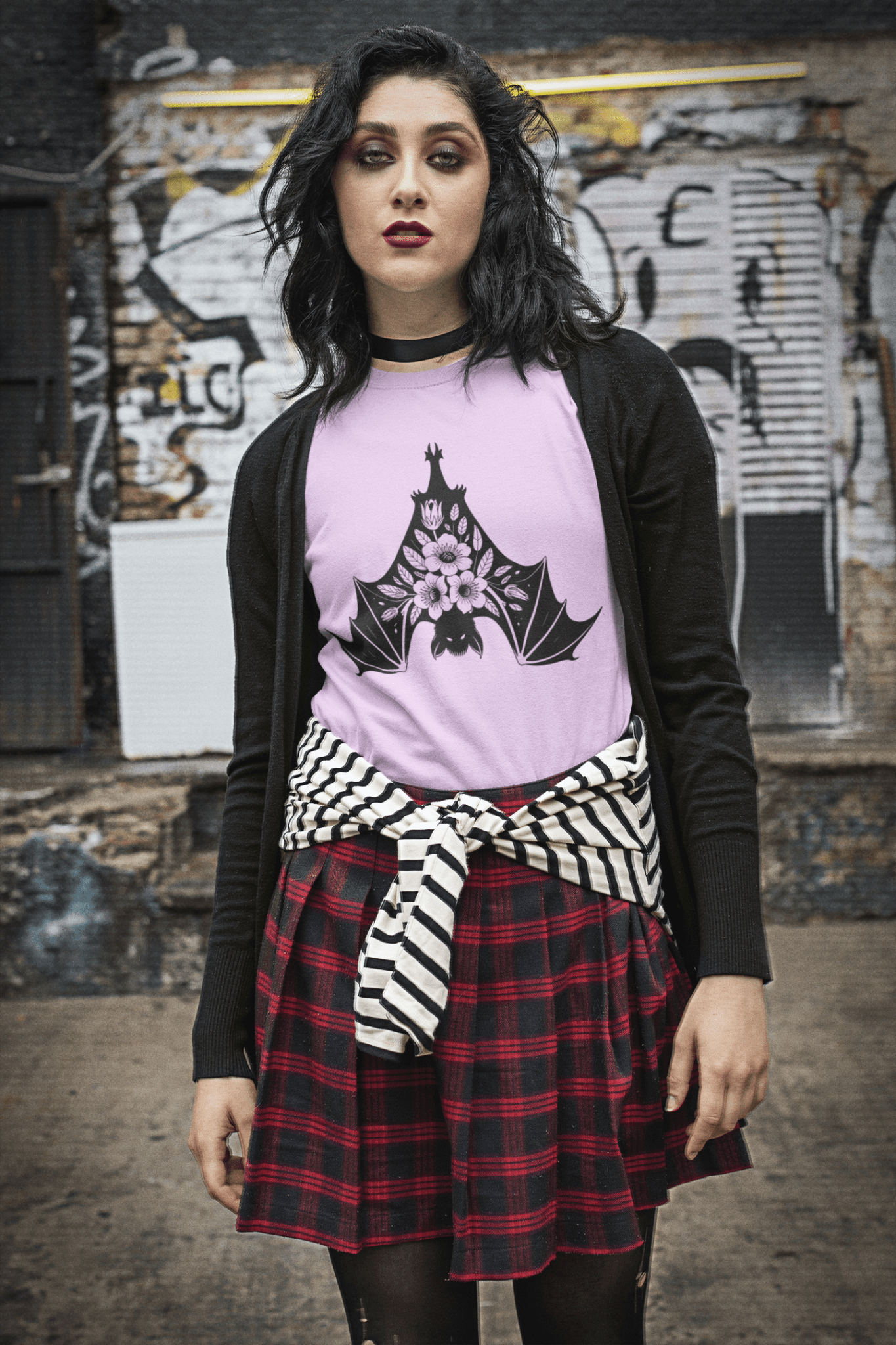 Moonflower Hanging Bat Gothic Botanical T-Shirt - Inken Image