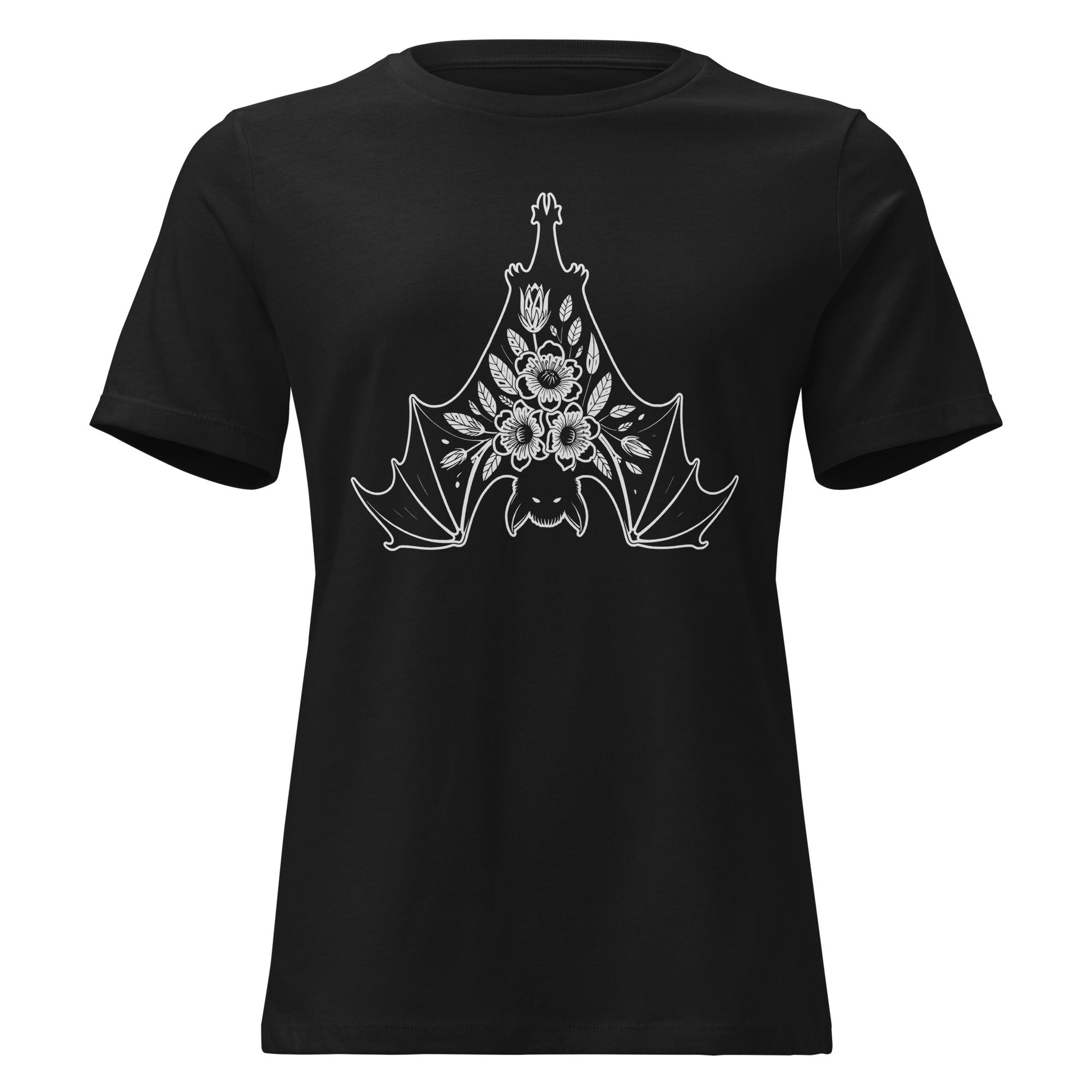 Moonflower Hanging Bat Gothic Botanical T-Shirt - Inken Image