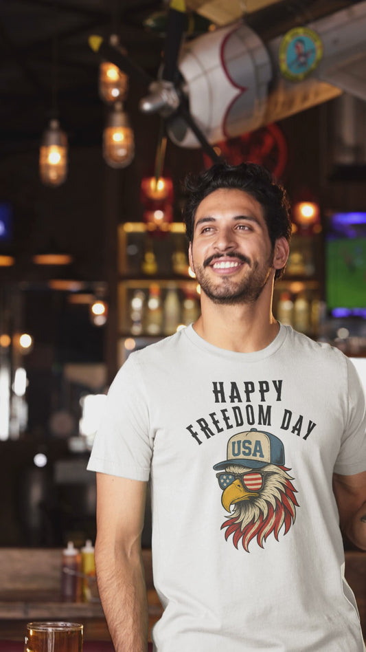 Happy Freedom Day Eagle T-Shirt Patriotic USA Graphic Tee for 4th of July and Proud Americans