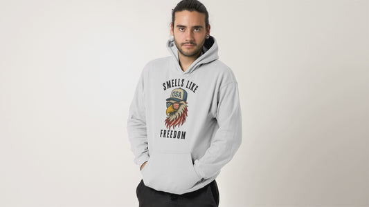 Smells Like Freedom Eagle Hoodie Funny Patriotic USA Sweatshirt for 4th of July and Proud Americans