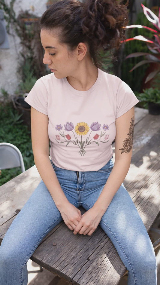Boho Sunflower Daisy and Tulip Fan Bouquet T-Shirt
