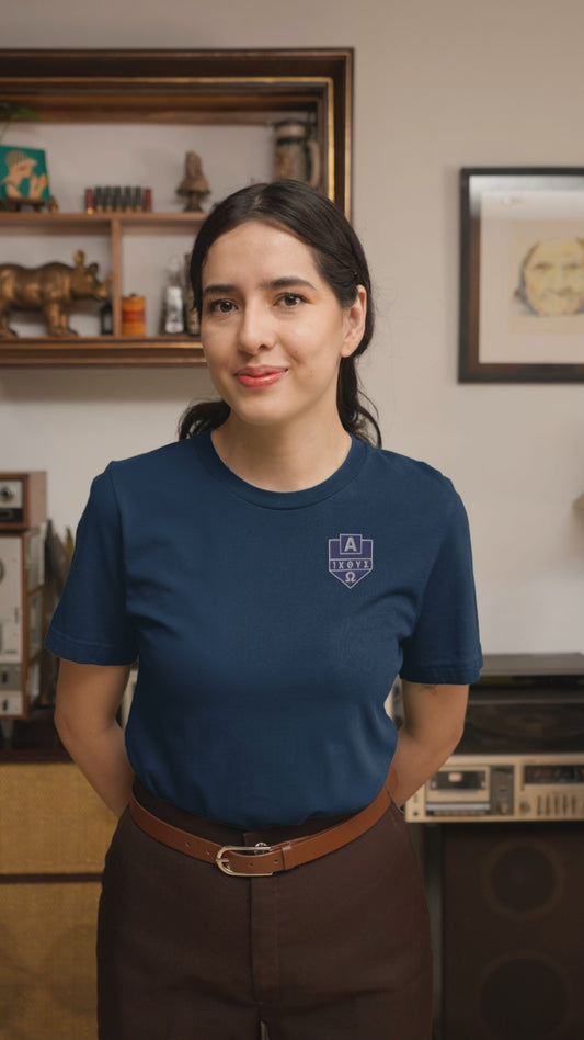 Alpha Omega ICTHYS Greek Shield Embroidered T-Shirt