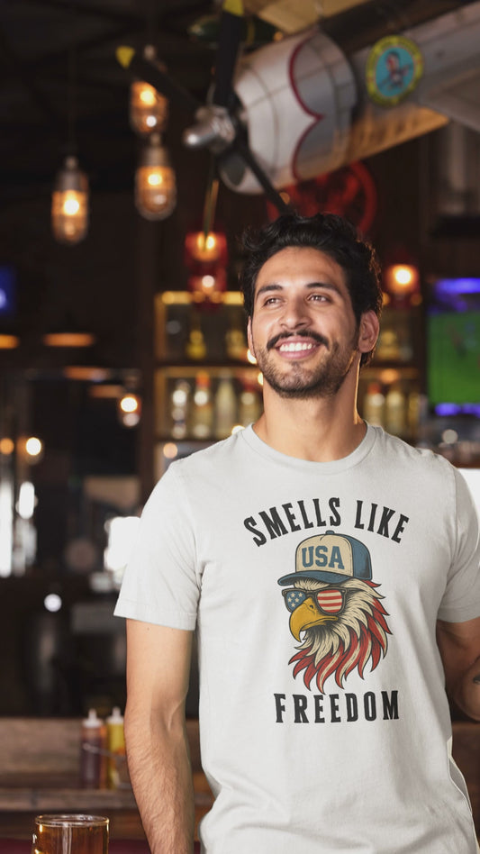 Smells Like Freedom Eagle T-Shirt Funny Patriotic USA Graphic Tee for 4th of July and Proud Americans
