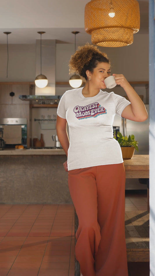 Okayest Mom Ever T Shirt Funny Retro Rainbow Typography Gift for Mothers and Mom Joke Fans
