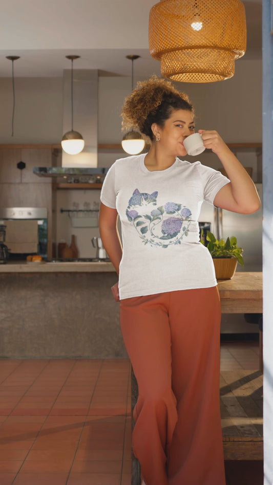 Hydrangea Cat T-Shirt Floral Cat Silhouette Tee for Plant Moms and Boho Cat Lovers