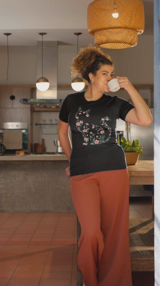 Cherry Blossom Cat T-Shirt Floral Cat Silhouette Tee for Cat Lovers and Plant Moms