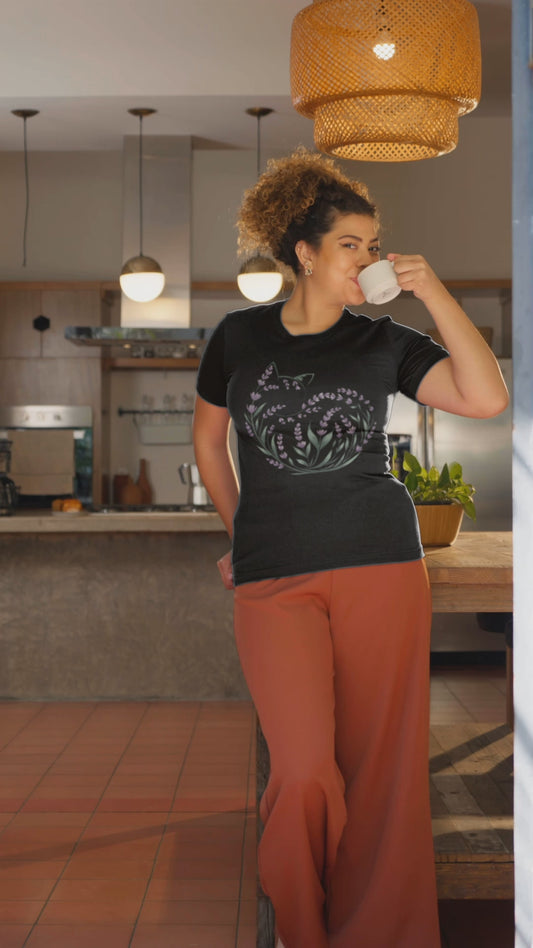 Lavender Cat Silhouette T-Shirt for Cat Moms and Plant Lovers Cottagecore Botanical Art Floral Nature Inspired Tee
