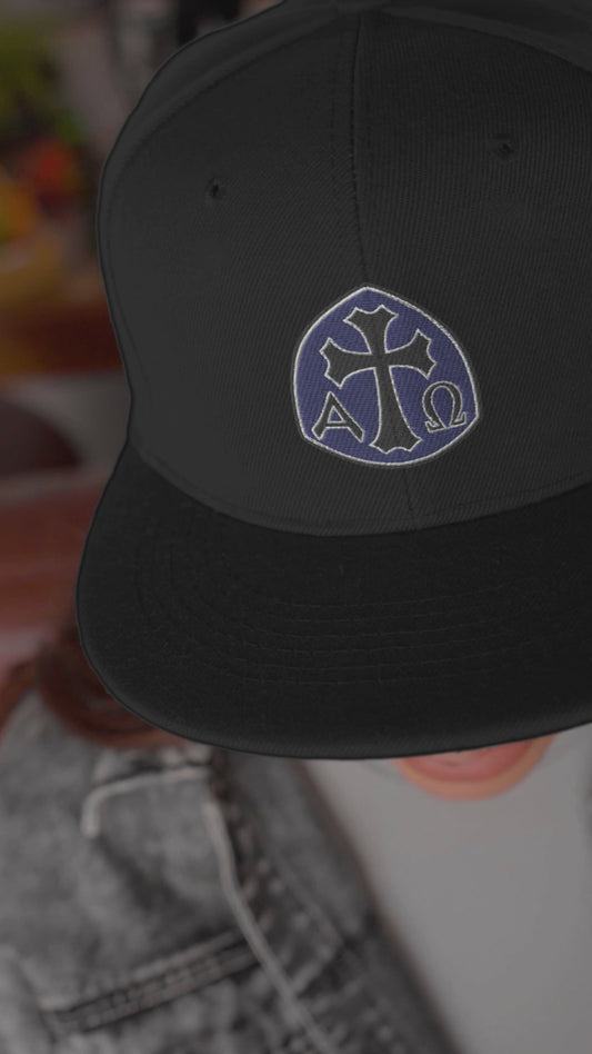 Alpha Omega Gothic Cross Emblem Flat Stitch Snapback