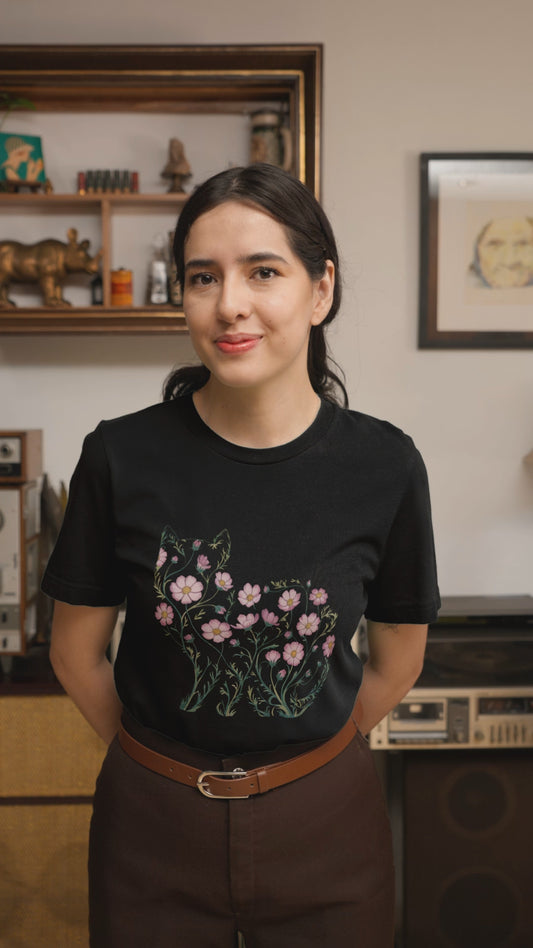Cosmos Flower Cat T-Shirt Floral Cat Silhouette Tee for Cat Lovers and Plant Moms