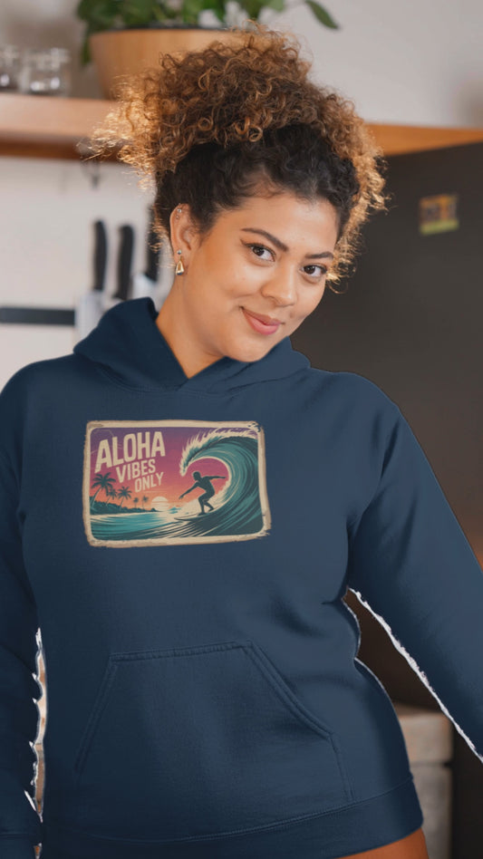 Aloha Vibes Only Hoodie, Retro Surf Sweatshirt for Beach Lovers, Surfers & Outdoor Life