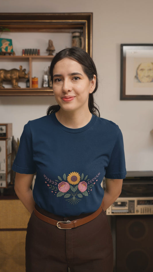 Sunflower and Peony Floral T Shirt Vintage Folk Art Botanical Design for Boho Plant Lovers