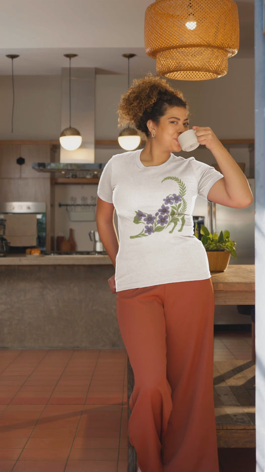Violet Floral Cat T-Shirt for Cat Lovers and Plant Moms Cute Botanical Cat Lover Gift Cottagecore Garden Aesthetic Tee