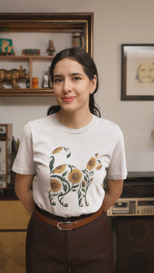 Sunflower Cat Silhouette T-Shirt for Cat Lovers and Plant Moms Cottagecore Floral Art Nature Lover Gift Boho Botanical Tee