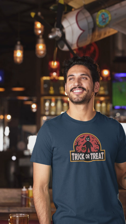 Trick or Treat T Shirt, Jurassic Park Inspired Halloween Graphic Tee for Horror Fans and Halloween Lovers