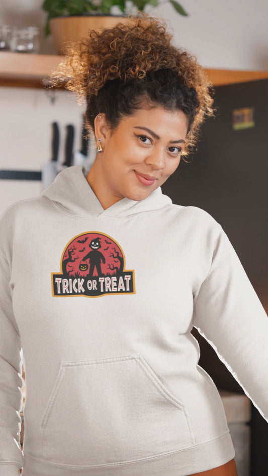 Trick or Treat Hoodie, Jurassic Park Style Halloween Sweatshirt for Horror Fans and Halloween Enthusiasts