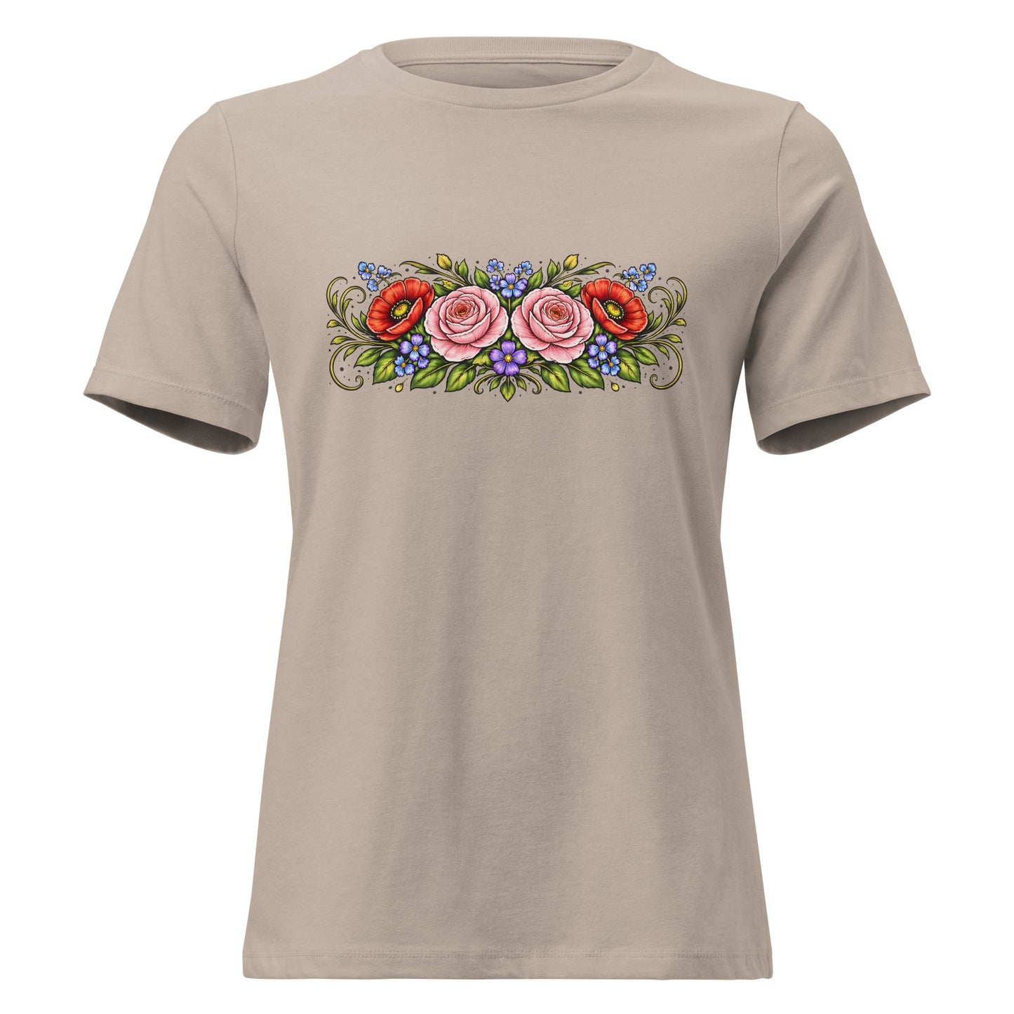 Rose Poppy Flat Bouquet Tee Folk Art Floral Women’s Shirt - Inken Image
