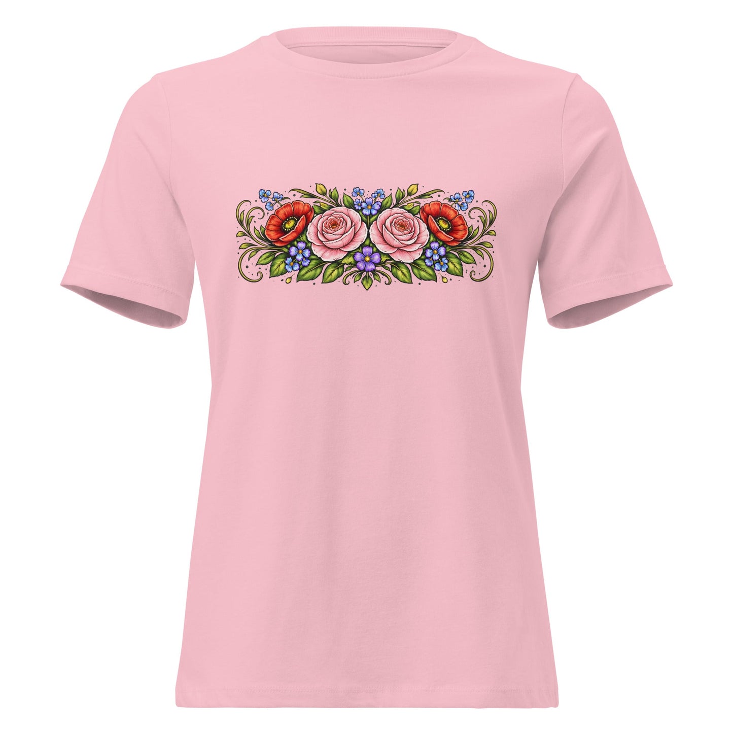 Rose Poppy Flat Bouquet Tee Folk Art Floral Women’s Shirt - Inken Image