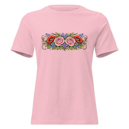 Rose Poppy Flat Bouquet Tee Folk Art Floral Women’s Shirt - Inken Image