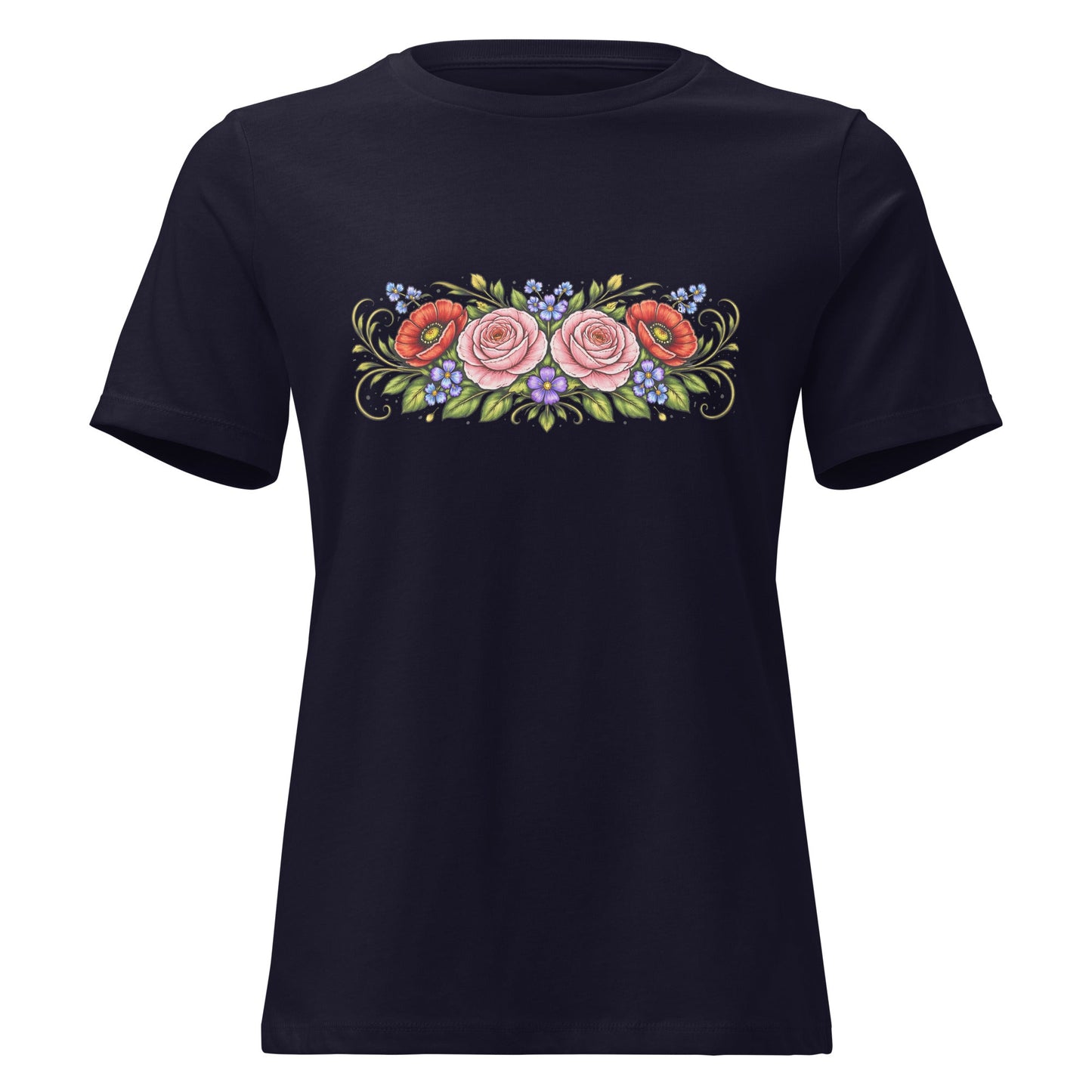 Rose Poppy Flat Bouquet Tee Folk Art Floral Women’s Shirt - Inken Image