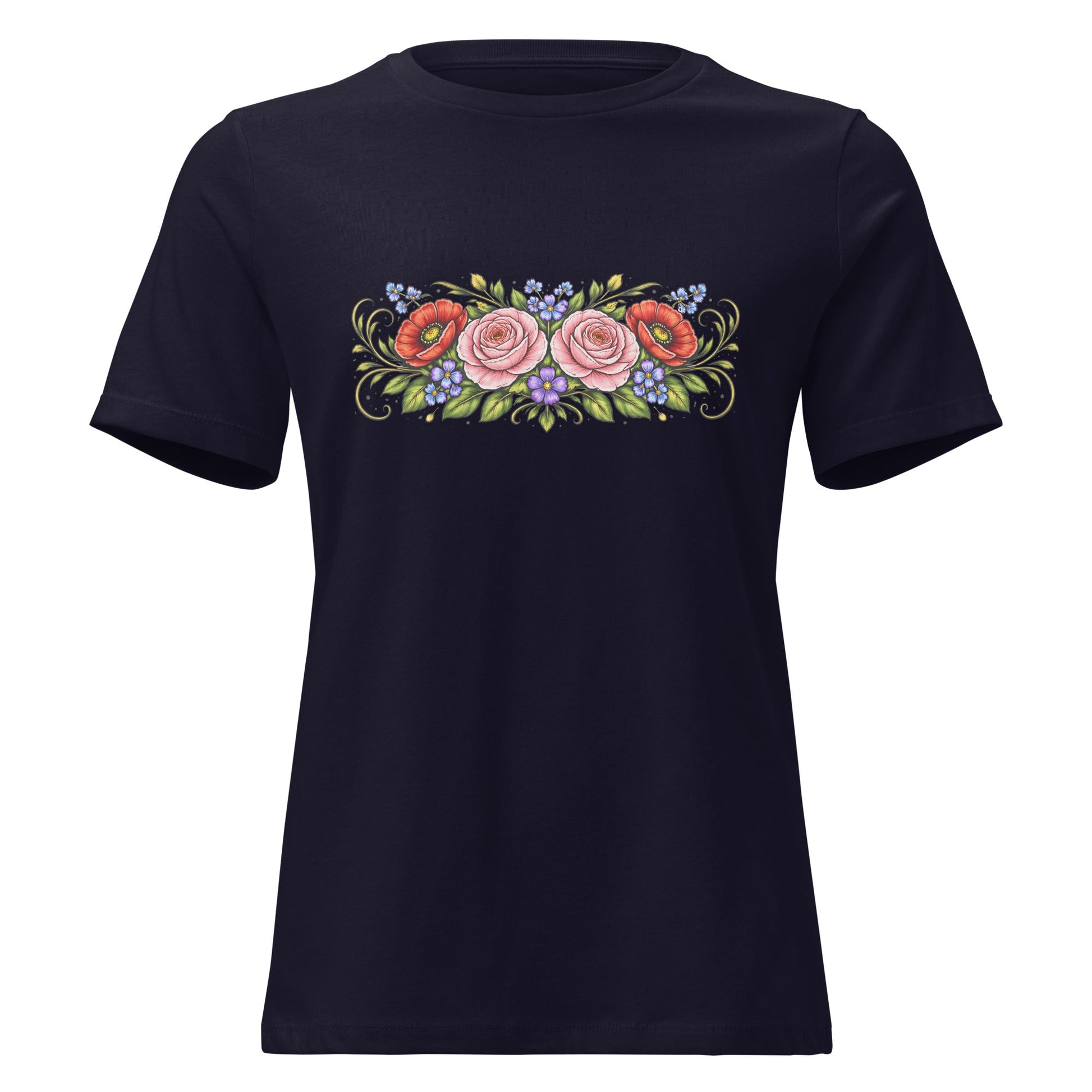 Rose Poppy Flat Bouquet Tee Folk Art Floral Women’s Shirt - Inken Image