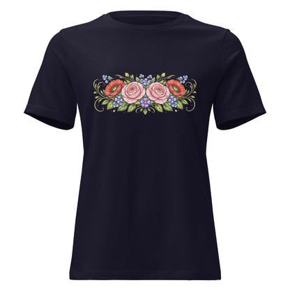 Rose Poppy Flat Bouquet Tee Folk Art Floral Women’s Shirt - Inken Image